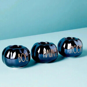 NEW Set of (3) -Rae Dunn BOO/SPOOKY/HAUNTED Fun Pumpkin Shaped Tea Light Holders